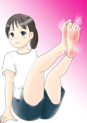 Rule 34 | 1girl, arm support, barefoot, blue eyes, blush, brown hair, feet, feet together, feet up, highres, long hair, looking at viewer, manam, ponytail, smile, soles, steam, toes