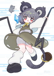Rule 34 | 1girl, animal ears, arm up, basket, bloomers, blush, chibi, commentary request, dotaku (wran8845), dowsing rod, dual wielding, from below, grey hair, grey skirt, grey vest, highres, holding, holding stick, jewelry, legs apart, long sleeves, mouse (animal), mouse ears, mouse tail, nazrin, open mouth, pendant, puffy long sleeves, puffy sleeves, red eyes, short hair, simple background, skirt, skirt set, solo, stick, tail, teeth, touhou, underwear, upper teeth only, v-shaped eyebrows, vest, white background