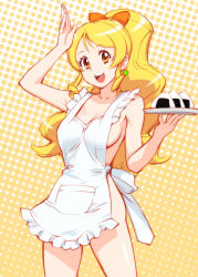 Rule 34 | 10s, 1girl, apron, blonde hair, bow, breasts, brown eyes, cleavage, clover, cure honey, earrings, food, four-leaf clover, hair bow, happinesscharge precure!, jewelry, long hair, naked apron, onigiri, oomori yuuko, precure, sideboob, smile, solo, tray, ueyama michirou