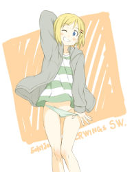 Rule 34 | 00s, 1girl, arm behind head, bare legs, blonde hair, blue eyes, blush, casual, collarbone, dot nose, erica hartmann, female focus, fingernails, grin, groin, hair ornament, hairclip, hamao, hood, hoodie, jacket, legs, legs together, looking at viewer, lowleg, no pants, one eye closed, panties, panty pull, pulled by self, shirt, short hair, simple background, smile, solo, standing, strike witches, striped clothes, striped shirt, teeth, underwear, wink, world witches series