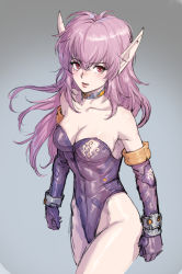 Rule 34 | 1girl, bare shoulders, breasts, cleavage, clenched hands, elbow gloves, fujii eishun, gloves, grey background, hair behind ear, highres, leotard, long hair, long pointy ears, looking at viewer, looking to the side, medium breasts, nei, open mouth, phantasy star, phantasy star ii, pointy ears, purple gloves, purple hair, purple leotard, red eyes, sega, solo