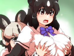 Rule 34 | 10s, 2girls, african wild dog (kemono friends), animal ears, bear ears, blue neckwear, blush, bow, bowtie, grabbing another&#039;s breast, breasts, brown bear (kemono friends), brown hair, commentary request, dog ears, elbow gloves, gloves, grabbing, grabbing from behind, isna (footprintsofisna), kemono friends, large breasts, long sleeves, multicolored hair, multiple girls, open mouth, shirt, short hair, short sleeves, white shirt, yuri