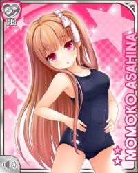 Rule 34 | 1girl, artist request, asahina momoko, brown hair, character name, girlfriend (kari), hands on own hips, long hair, official art, one-piece swimsuit, red eyes, ribbon, school swimsuit, side ponytail, solo, swimsuit
