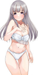 Rule 34 | 1girl, absurdres, bare arms, bare shoulders, bikini, blush, breasts, cleavage, closed mouth, collarbone, commentary request, grey hair, groin, hand up, highres, idolmaster, idolmaster shiny colors, kuroba aki, long hair, looking at viewer, medium breasts, navel, purple eyes, simple background, smile, solo, strapless, strapless bikini, swimsuit, thigh gap, white background, white bikini, yukoku kiriko
