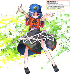 Rule 34 | 1girl, black footwear, black ribbon, black skirt, blue eyes, blue hair, blue hat, cabbie hat, chinese clothes, commentary request, fingernails, floral print, full body, green nails, grin, hat, hat ornament, highres, jiangshi, lace-trimmed sleeves, lace trim, looking at viewer, miyako yoshika, nail polish, neck ribbon, ofuda, outstretched arms, red shirt, ribbon, shirt, shoes, short hair, short sleeves, skirt, smile, solo, star (symbol), star hat ornament, tangzhuang, touhou, umigarasu (kitsune1963), watermark, web address, wide sleeves, zombie pose