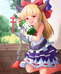 Rule 34 | 1girl, belt, blonde hair, blue sky, blunt bangs, blush, bottle, bow, bowtie, bush, buttons, center frills, cloud, commentary, cube, day, drooling, drunk, english commentary, fang, flat chest, frills, full body, grass, hair bow, heart, heart-shaped pupils, highres, horn ornament, horn ribbon, horns, ibuki suika, indoors, long hair, looking at viewer, low-tied long hair, open mouth, purple ribbon, purple skirt, pyramid (structure), red bow, red bowtie, red eyes, ribbon, ribbon-trimmed skirt, ribbon trim, rion (user ufvg8527), sake bottle, shirt, sidelocks, skirt, sky, sleeveless, sleeveless shirt, smile, solo, stone lantern, symbol-shaped pupils, theft, torii, touhou, tree, white shirt, wrist cuffs