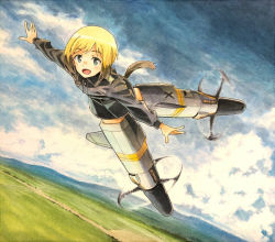 Rule 34 | 1girl, blonde hair, blue eyes, blush, cloud, cloudy sky, day, dutch angle, erica hartmann, flying, horizon, looking at viewer, marker (medium), military, military uniform, multicolored hair, open mouth, outstretched arms, shiratama (hockey), short hair, sky, smile, solo, strike witches, striker unit, tail, thighhighs, traditional media, uniform, world witches series