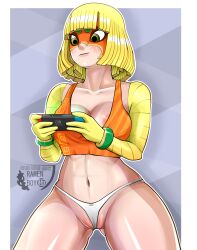 Rule 34 | 1girl, absurdres, arms (game), blonde hair, blouse, blush, breasts, cleavage, distracted, food, game console, green eyes, highres, large breasts, legs, mask, min min (arms), navel, nintendo, nintendo switch, noodles, orange shirt, panties, playing games, ramen, shiny skin, shirt, short hair, solo, super smash bros., thigh gap, underwear