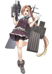 Rule 34 | 1girl, adapted costume, adapted turret, akagi kurage, akigumo (kancolle), bike shorts, brown hair, brown skirt, brown vest, cannon, commentary request, full body, gloves, green eyes, hair ribbon, highres, kantai collection, long hair, looking at viewer, machinery, one eye closed, original remodel (kantai collection), pleated skirt, ponytail, ribbon, school uniform, shirt, short ponytail, shorts, shorts under skirt, skirt, smokestack, solo, torpedo launcher, turret, vest, white gloves, white shirt