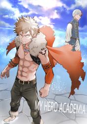 Rule 34 | 2boys, alternate costume, angry, bakugou katsuki, bare pectorals, belt, blonde hair, blue jacket, boku no hero academia, boots, brown belt, brown legwear, cape, cloud, cloudy sky, commentary request, copyright name, day, detached sleeves, earrings, elbow sleeve, full body, fur-trimmed boots, fur-trimmed cape, fur trim, highres, jacket, jewelry, long sleeves, male focus, multicolored hair, multiple boys, muscular, necklace, orange sleeves, outdoors, pants, pectorals, red hair, shirt, short hair, shoulder tattoo, sky, sleeveless, sleeveless jacket, spiked hair, standing, tattoo, title, todoroki shouto, torn clothes, two-tone hair, v-shaped eyebrows, white footwear, white hair, white legwear, white shirt, yoshio (55level)