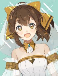 Rule 34 | 1girl, bare shoulders, blush, bow, brown eyes, brown hair, delthea (fire emblem), dress, fang, fire emblem, fire emblem echoes: shadows of valentia, fire emblem heroes, gold trim, highres, jewelry, kyufe, long hair, nintendo, open mouth, ponytail, simple background, smile, solo, wedding dress