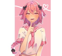 Rule 34 | 1boy, absurdres, astolfo (fate), astolfo (sailor paladin) (fate), black bow, bow, braid, fang, fate/grand order, fate (series), hair bow, hair intakes, highres, long hair, looking at viewer, male focus, neckerchief, official alternate costume, open mouth, pink hair, pink sailor collar, purple eyes, sailor collar, school uniform, shirt, short sleeves, single braid, smile, solo, trap, upper body, very long hair, white hair, white shirt