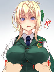Rule 34 | !?, ..., 1girl, blonde hair, blouse, blue neckwear, blush, braid, braided bangs, breast hold, breasts, buttons, collared shirt, commentary request, frown, gradient background, green vest, hair between eyes, highres, kantai collection, large breasts, necktie, perth (kancolle), purple eyes, shaded face, shirt, short hair, short sleeves, solo focus, spoken ellipsis, surprised, takase muh, upper body, vest, white shirt