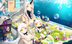 Rule 34 | &gt; &lt;, 10s, 6+girls, abyssal ship, admiral (kancolle), air bubble, aircraft, airfield princess, airplane, bare shoulders, bath, bathing, bathtub, blush, bra, unworn bra, breasts, bubble, chibi, cleavage, closed eyes, highres, hishimochi, holding, hongse beiyu, horns, huge breasts, kantai collection, long hair, looking at viewer, medium breasts, mini person, minigirl, mittens, multiple girls, northern ocean princess, ocean, orange eyes, pale skin, photo (object), pout, seaport princess, see-through, single horn, smile, tears, trembling, underwater, underwear, white hair, yellow eyes