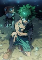 Rule 34 | 2boys, abs, angry, biceps, bikkusama, black hair, black shirt, blue shorts, boku no hero academia, bruise, collarbone, curly hair, dirt, eyebrows, fighting, freckles, green eyes, green hair, hair between eyes, hand on own arm, hat, injury, izumi kouta, kneeling, looking at another, looking at viewer, male focus, midoriya izuku, multiple boys, night, on ground, open mouth, outdoors, pale skin, pectorals, protecting, red footwear, shirt, shoes, shorts, sneakers, spoilers, sweat, teeth, toned, tongue, torn clothes