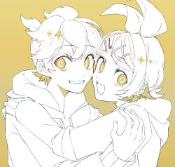 Rule 34 | 1boy, 1girl, bow, brother and sister, cheek-to-cheek, eiku, grin, hair bow, hair ornament, hairclip, heads together, hood, hoodie, hug, kagamine len, kagamine rin, looking at viewer, looking back, monochrome, open mouth, short hair, short ponytail, siblings, sketch, smile, twins, vocaloid, yellow background, yellow eyes