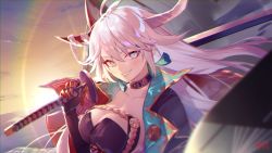 Rule 34 | 1girl, armor, asymmetrical horns, azur lane, black choker, breasts, choker, chrysanthemum, cleavage, dutch angle, earrings, flower, hakuryuu (azur lane), highres, holding, holding sword, holding weapon, horns, japanese armor, jewelry, katana, large breasts, looking at viewer, mismatched horns, over shoulder, shimotsuki shio, smile, solo, suneate, sword, sword over shoulder, teeth, upper body, water, weapon, weapon over shoulder, white eyes, white hair