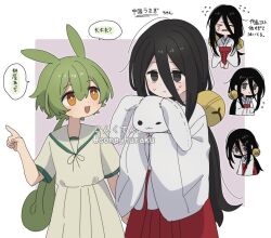 Rule 34 | &gt; &lt;, 2girls, :&lt;, alternate costume, artist name, bell, black eyes, black hair, black ribbon, blush, border, bright pupils, brown dress, brown sailor collar, chuugoku usagi, commentary request, cone huraku, crying, dress, flying sweatdrops, green hair, hair bell, hair between eyes, hair ornament, hakama, holding, holding stuffed toy, japanese clothes, jingle bell, kimono, long hair, long sleeves, looking at another, low ponytail, miko, multiple girls, multiple views, neck ribbon, nervous, no pupils, open mouth, outside border, pink background, pointing, red hakama, ribbon, sailor collar, shaded face, short sleeves, sleeves past fingers, sleeves past wrists, smile, stuffed animal, stuffed rabbit, stuffed toy, sweat, translation request, twitter username, voicevox, watermark, white border, white kimono, white pupils, wide sleeves, yellow eyes, zundamon