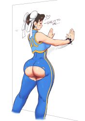 Rule 34 | 1girl, absurdres, against wall, alternate costume, armpit crease, ass, back, bare arms, bare shoulders, blush, bodysuit, bracelet, bun cover, capcom, chun-li, closed mouth, crop top, cropped legs, curvy, double bun, earrings, frown, gold trim, half-closed eye, hands up, heart, high collar, highres, huge ass, jewelry, legs, legs apart, simple background, solid eyes, solo, spiked bracelet, spikes, standing, street fighter, street fighter zero (series), sweat, talking, thick thighs, thighs, tobias leviathan, torn bodysuit, torn clothes, white background, wide hips