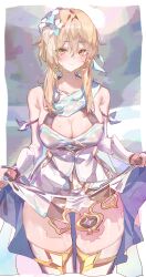 Rule 34 | 1girl, absurdres, bare shoulders, blonde hair, blush, breasts, cleavage, clothes lift, cocoballking, dress, flower, genshin impact, gloves, hair between eyes, hair flower, hair ornament, highres, large breasts, lifting own clothes, looking at viewer, lumine (genshin impact), medium breasts, shiny skin, short hair, short hair with long locks, sidelocks, skirt, skirt lift, smile, solo, thick thighs, thighs, wet, wet clothes, white dress, white flower, wide hips, yellow eyes