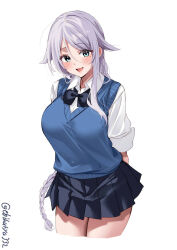 Rule 34 | 1girl, blue eyes, blush, braid, breasts, cowboy shot, cropped legs, dress shirt, ebifurya, grey hair, hair flaps, highres, kantai collection, large breasts, long hair, long sleeves, looking at viewer, mole, mole under eye, one-hour drawing challenge, open mouth, pleated skirt, school uniform, shirt, simple background, single braid, skirt, smile, solo, sweater vest, twitter username, umikaze (kancolle), very long hair, white background