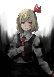 Rule 34 | 1girl, :d, arm at side, bad id, bad pixiv id, black skirt, black vest, blonde hair, blood, blood from mouth, blood on face, collared shirt, cowboy shot, crying, crying with eyes open, gradient background, hair ribbon, highres, holding, koretsuki aduma, long sleeves, looking at viewer, open mouth, red eyes, red ribbon, ribbon, rumia, shirt, short hair, skirt, smile, solo, standing, tears, touhou, vest, white shirt, wing collar