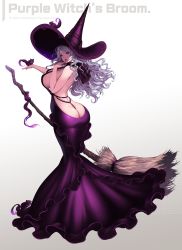 Rule 34 | absurdres, animal, ass, ass cutout, back, backless dress, backless outfit, bare back, bare shoulders, beads, breasts, broom, chipmunk, clothing cutout, commentary request, dress, familiar, finger to mouth, from behind, full body, halterneck, hat, highres, large breasts, large hat, lips, looking at viewer, looking back, original, pink lips, pointy hat, purple dress, purple eyes, purple hat, revealing clothes, revision, seductive smile, sideboob, slingshot swimsuit, smile, squirrel, suspenders, swimsuit, thong, toriseru (rare stone), wavy hair, white hair, witch, witch hat