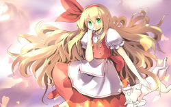 Rule 34 | 1girl, \n/, blonde hair, blush, bow, cat, cloud, cloudy sky, culter, dress, ellen (touhou), gradient background, green eyes, hair bow, hair ribbon, hand on own face, heart, highres, large bow, long hair, red dress, red footwear, ribbon, shoes, short sleeves, sky, sokrates (touhou), touhou, touhou (pc-98), very long hair, wallpaper, white cat