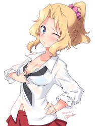 Rule 34 | 1girl, ;o, alternate hairstyle, blonde hair, blouse, blue eyes, blush, breasts, cleavage, collar tug, collared shirt, commentary, dated, girls und panzer, hair intakes, hair ornament, hair scrunchie, hair up, hand on own hip, highres, kay (girls und panzer), kuzuryuu kennosuke, long hair, looking at viewer, loose necktie, medium breasts, navel, necktie, one-hour drawing challenge, one eye closed, open mouth, pink scrunchie, ponytail, saunders school uniform, school uniform, scrunchie, see-through, shirt, short hair, sidelocks, solo, standing, sweat, twitter username, wet, wet clothes, wet shirt, white shirt