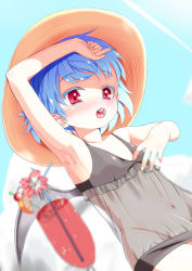 Rule 34 | 1girl, alternate costume, arm up, armpits, bare shoulders, bat wings, bikini, blue hair, child, cocktail, colored eyelashes, day, face, female focus, flat chest, glass, groin, hat, highres, murakami4949, navel, no panties, outdoors, red eyes, remilia scarlet, see-through, short hair, solo, straw hat, swimsuit, touhou, wings