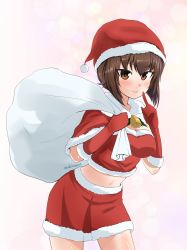 1girl abimaru_gup alternate_costume bell breasts brown_eyes brown_hair capelet christmas cleavage closed_mouth commentary cowboy_shot finger_to_mouth fur-trimmed_capelet fur-trimmed_shirt fur-trimmed_skirt fur_trim girls_und_panzer gloves hat highres holding holding_sack jingle_bell leaning_forward looking_at_viewer medium_breasts medium_hair midriff miniskirt multicolored_background navel nishizumi_maho one-hour_drawing_challenge over_shoulder red_capelet red_gloves red_hat red_shorts red_skirt sack santa_costume santa_gloves santa_hat shirt short_hair shorts shushing skirt smile solo standing twitter_username