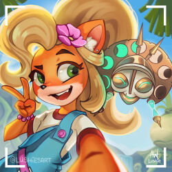 Rule 34 | 1girl, absurdres, artist name, blue overalls, blue sky, bracelet, coco bandicoot, crash bandicoot (series), flower, furry, furry female, green eyes, hair flower, hair ornament, highres, jewelry, long hair, looking at viewer, lushiesart, mask, open mouth, outdoors, overalls, pink flower, selfie, shirt, sky, teeth, upper body, v, viewfinder, watermark, white shirt