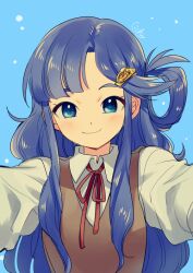 Rule 34 | 1girl, asari nanami, blue background, blue eyes, blue hair, blush, breasts, brown vest, closed mouth, dot nose, fish hair ornament, hair ornament, hair rings, hands up, idolmaster, idolmaster cinderella girls, idolmaster cinderella girls starlight stage, long hair, looking at viewer, neck ribbon, reaching, reaching towards viewer, red ribbon, ribbon, shirt, signature, simple background, small breasts, smile, solo, upper body, very long hair, vest, white shirt, yunion (sibujya)