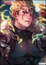 Rule 34 | 1boy, artist name, bara, blonde hair, blush, close-up, electricity, fairy tail, highres, jacket, large pectorals, laxus dreyar, looking at viewer, maewenmitzuki, male focus, muscular, muscular male, open mouth, outdoors, pectorals, scar, scar on face, sleeveless, slit pupils, solo, spiked hair, sweater, thick eyebrows, tight clothes, turtleneck, turtleneck sweater