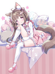 Rule 34 | 1girl, ahoge, amimi, animal ear fluff, animal ears, asymmetrical legwear, blunt bangs, bow, brown hair, cat-shaped pillow, collared dress, commission, dress, fish hair ornament, frilled cuffs, frilled dress, frilled socks, frilled thighhighs, frills, from side, full body, hair ornament, hair ribbon, hand on own knee, head rest, heart, heart-shaped pillow, highres, knee up, leaning forward, long hair, neck bell, original, paw print, pillow, pink bow, pink dress, pink footwear, pink ribbon, pleated dress, ribbon, shoes, short eyebrows, sitting, skeb commission, socks, solo, star (symbol), straight hair, tail, thighhighs, white bow, white socks, white thighhighs, wings, wrist cuffs