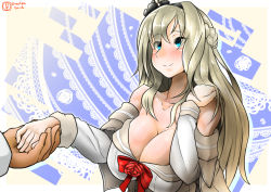 Rule 34 | 10s, 1boy, 1girl, bare shoulders, blonde hair, blue eyes, blush, braid, breasts, cleavage, collarbone, crown, dress, flower, french braid, hairband, holding hands, hand on own shoulder, hetero, kantai collection, konoshige (ryuun), large breasts, long hair, long sleeves, mini crown, off shoulder, out of frame, red flower, red ribbon, red rose, ribbon, rose, solo focus, twitter username, upper body, warspite (kancolle)