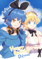 Rule 34 | 2girls, abs, ahoge, bare shoulders, black bow, black hairband, black ribbon, blonde hair, blue eyes, blue hair, blue sky, blue sweater, bow, breasts, cleavage, cloud, cloudy sky, commentary request, day, dif (difman), glow (g10w), hair ribbon, hairband, hand up, happy birthday, headphones, headphones around neck, highres, long sleeves, looking at viewer, medium breasts, mole, mole under mouth, multiple girls, off-shoulder sweater, off shoulder, orange eyes, original, outline, puffy long sleeves, puffy sleeves, ribbon, short hair, sky, sleeves past wrists, smile, sweater, v, white outline