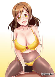 Rule 34 | 1boy, 1girl, artist name, blush, bra, breasts, brown hair, brown pantyhose, censored, cleavage, clothed female nude male, clothed sex, clothing aside, cowgirl position, drooling, girl on top, gradient background, hair between eyes, happy sex, hetero, highres, kunikida hanamaru, large breasts, light brown hair, lingerie, long hair, looking at viewer, love live!, love live! sunshine!!, motion lines, navel, nude, open mouth, pabsmikan, panties, panties aside, pantyhose, pov, sex, smile, solo focus, spread legs, straddling, strap slip, tears, thighs, underwear, yellow bra, yellow eyes, yellow panties