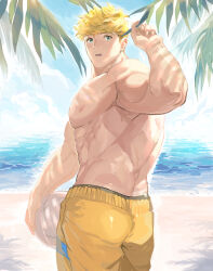 Rule 34 | 1boy, :o, absurdres, armpits, ass, back, ball, bara, beach, blonde hair, blue eyes, blue sky, cloud, day, granblue fantasy, green eyes, highres, holding, holding ball, large pectorals, looking back, male focus, male swimwear, migi (mm86262394), muscular, muscular male, nipples, official alternate costume, orange male swimwear, outdoors, pectorals, sand, short hair, sky, solo, topless male, vane (granblue fantasy), vane (summer) (granblue fantasy), water