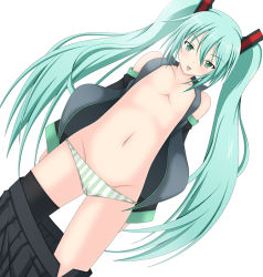 Rule 34 | 1girl, :p, bad id, bad pixiv id, blush, breasts, detached sleeves, green eyes, green hair, hair ornament, hatsune miku, long hair, matching hair/eyes, minatsuki nao, naughty face, no nipples, panties, skirt, small breasts, solo, striped clothes, striped panties, thighhighs, tongue, tongue out, twintails, underwear, vocaloid