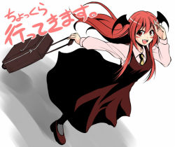 Rule 34 | 1girl, bat wings, dutch angle, fechirin, female focus, full body, grey background, head wings, koakuma, long hair, luggage, necktie, pantyhose, red eyes, red hair, salute, solo, standing, suitcase, embodiment of scarlet devil, touhou, translation request, white background, wings