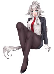 Rule 34 | 1girl, arm behind back, black footwear, black jacket, black pantyhose, black skirt, blue eyes, blush, breasts, c14 (girls&#039; frontline), c14 (new staff) (girls&#039; frontline), commission, formal, full body, giant, giantess, girls&#039; frontline, gloves, grey hair, hair ornament, hairclip, hamham 121, highres, jacket, large breasts, legs, long hair, long sleeves, looking at viewer, necktie, office lady, official alternate costume, official style, open clothes, open jacket, open mouth, pantyhose, ponytail, red necktie, shirt, sitting, skeb commission, skirt, smile, solo, suit, thighs, transparent background, very long hair, white background, white gloves, white shirt