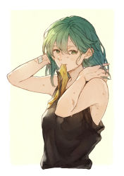Rule 34 | 1girl, arms behind head, bandaid, bandaid on arm, bare shoulders, breasts, cropped torso, green eyes, green hair, hair between eyes, hair down, hands in hair, hands up, herayoshi, highres, kiki (herayoshi), light smile, mouth hold, original, oversized clothes, ribbon, ribbon in mouth, scar, scar on arm, short hair, simple background, sleeveless, solo, tank top, tying hair, wet, yellow background, yellow ribbon