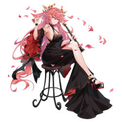 Rule 34 | 1girl, absurdres, animal ears, bare shoulders, black dress, clarinet, dress, evening gown, fox ears, genshin impact, highres, instrument, kkamikii, long hair, looking at viewer, pink hair, purple eyes, sitting, smile, solo, white background, yae miko