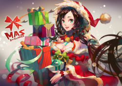 Rule 34 | 10s, 1girl, 2014, black hair, box, breasts, character request, christmas, cleavage, detached collar, detached sleeves, gift, gift box, green eyes, hat, lamier, lips, long hair, nose, parted lips, santa costume, santa hat, smile, solo, wide sleeves