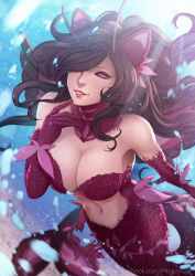 Rule 34 | 1girl, :d, animal ears, artist name, bare shoulders, black sclera, breasts, brown hair, cleavage, collar, colored sclera, facebook username, female focus, finger to mouth, gradient background, hair ornament, hair over one eye, highres, large breasts, looking at viewer, magion02, mermaid, monster girl, navel, nose, open mouth, original, parted lips, pink eyes, scales, signature, smile, solo, stomach, watermark, web address