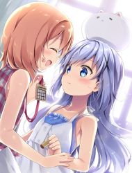 Rule 34 | 2girls, :d, angora rabbit, animal, animal on head, bare arms, bare shoulders, blue eyes, blue hair, blush, brown hair, closed mouth, collarbone, commentary request, dress, dutch angle, eye contact, facing another, gochuumon wa usagi desu ka?, hair between eyes, holding, hoto cocoa, kafuu chino, long hair, looking at another, multiple girls, natsume eri, on head, open mouth, plaid, plaid shirt, profile, rabbit, shirt, sleeveless, sleeveless dress, sleeveless shirt, smile, tippy (gochiusa), very long hair, white dress, window