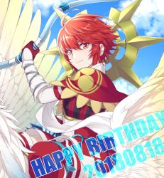Rule 34 | 1girl, 2018, ahoge, blue sky, bow (weapon), brown eyes, capelet, closed mouth, cloud, dated, day, detached sleeves, fire emblem, fire emblem fates, garter straps, gloves, hair between eyes, happy birthday, hinoka (fire emblem), hiyori (rindou66), holding, holding bow (weapon), holding weapon, long sleeves, looking at viewer, miniskirt, nintendo, outdoors, pegasus, pegasus knight uniform (fire emblem), red capelet, red gloves, red hair, red skirt, red thighhighs, riding, short hair, skirt, sky, smile, solo, thighhighs, weapon, white sleeves