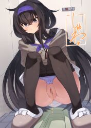 Rule 34 | 1girl, :&lt;, anus, black hair, black pantyhose, blue archive, blush, bow, brown footwear, censored, closed mouth, clothes pull, crossed bangs, door, dress, female focus, footwear bow, full body, grey sweater, hair between eyes, hairband, heart, indoors, japanese text, long hair, long sleeves, looking down, minamimachi naname, mosaic censoring, neckerchief, off shoulder, panties, panty pull, pantyhose, pantyhose pull, pee, peeing, purple eyes, purple hairband, purple neckerchief, purple panties, pussy, sailor collar, school uniform, serafuku, sidelocks, slippers, solo, squat toilet, squatting, sweater, tile floor, tiles, toilet stall, toilet use, translation request, ui (blue archive), underwear, very long hair, white bow, white dress, white sailor collar