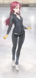 Rule 34 | 10s, 1girl, :d, absurdres, black jacket, black pants, blurry, blurry background, commentary, free style (yohan1754), full body, gloves, hair ornament, hairclip, highres, ice, ice skates, ice skating, jacket, long hair, long sleeves, love live!, love live! school idol festival, love live! sunshine!!, open mouth, pants, red hair, sakurauchi riko, skates, skating, smile, solo, standing, yellow eyes, yellow gloves